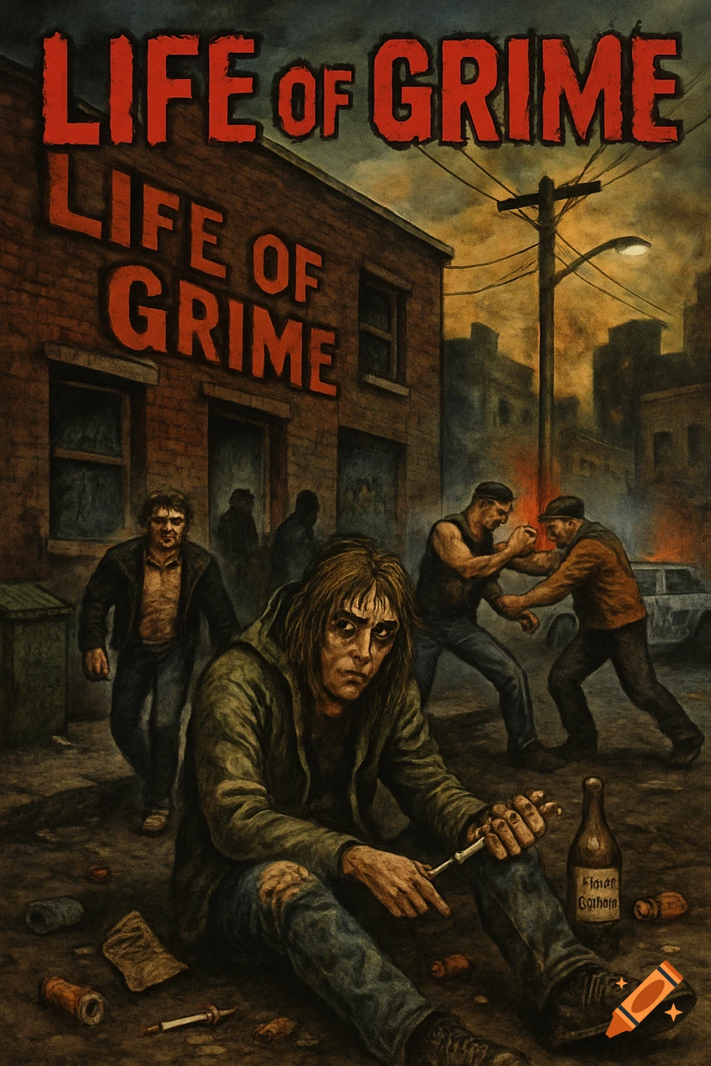 A dark, gritty album cover illustration titled 'LIFE OF GRIME' showing a man with a syringe in an urban alley with fighting figures.