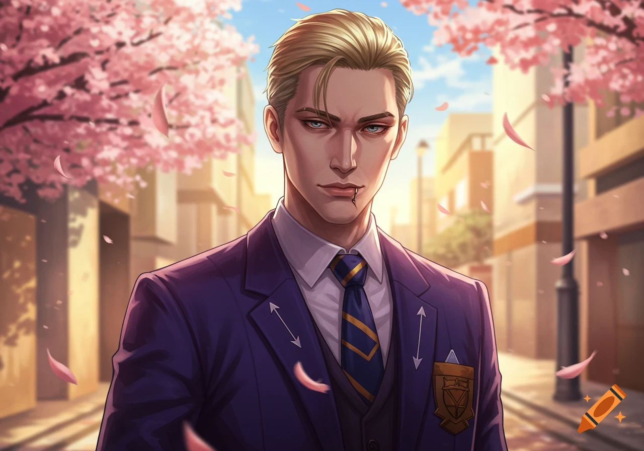 An anime male character with blonde hair and a purple suit stands among pink cherry blossoms.