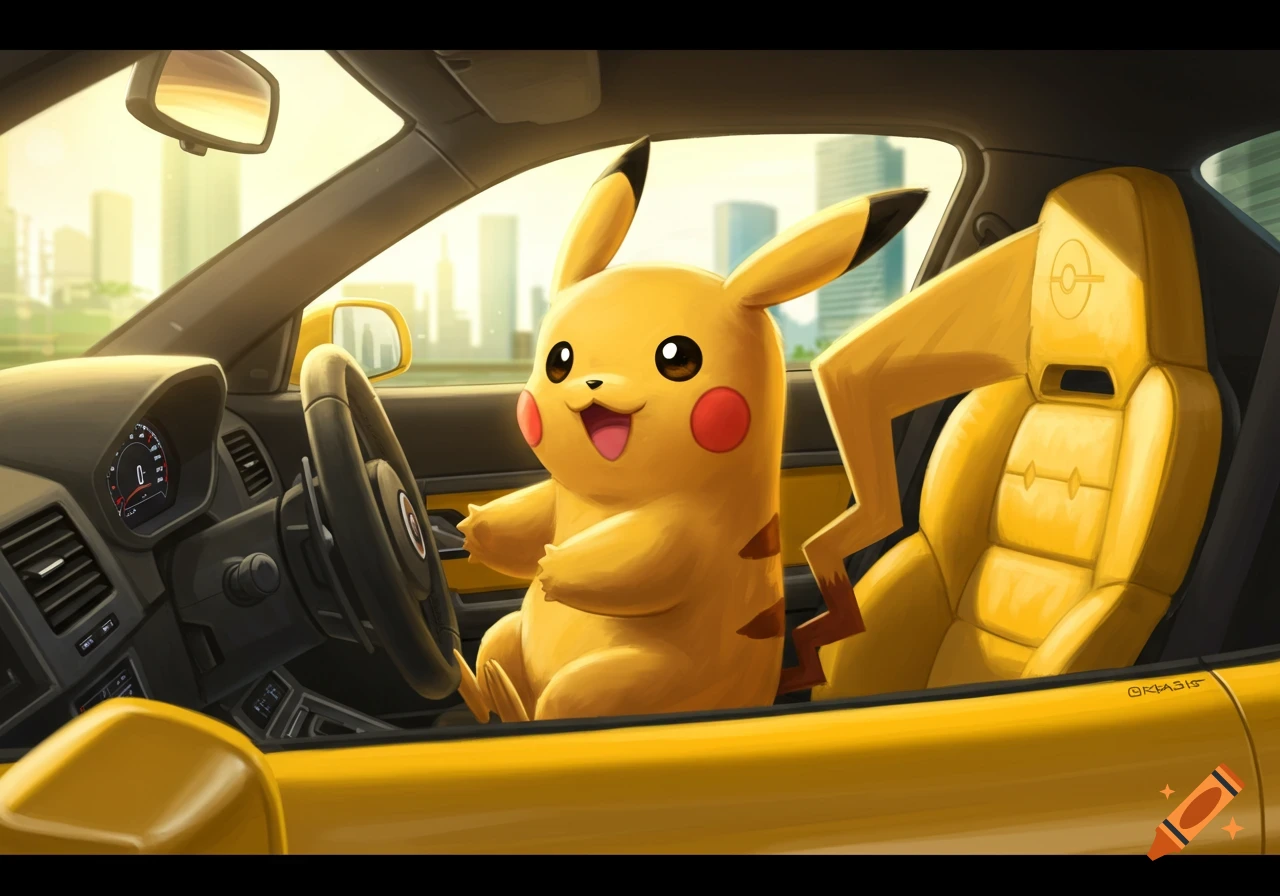 A cheerful Pikachu sits in the driver's seat of a yellow car with a city background in a vibrant cartoon style.