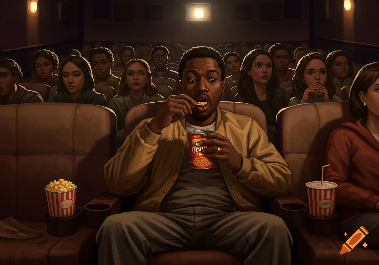 A man in a movie theater eats beans from a can, surrounded by other moviegoers watching the screen.