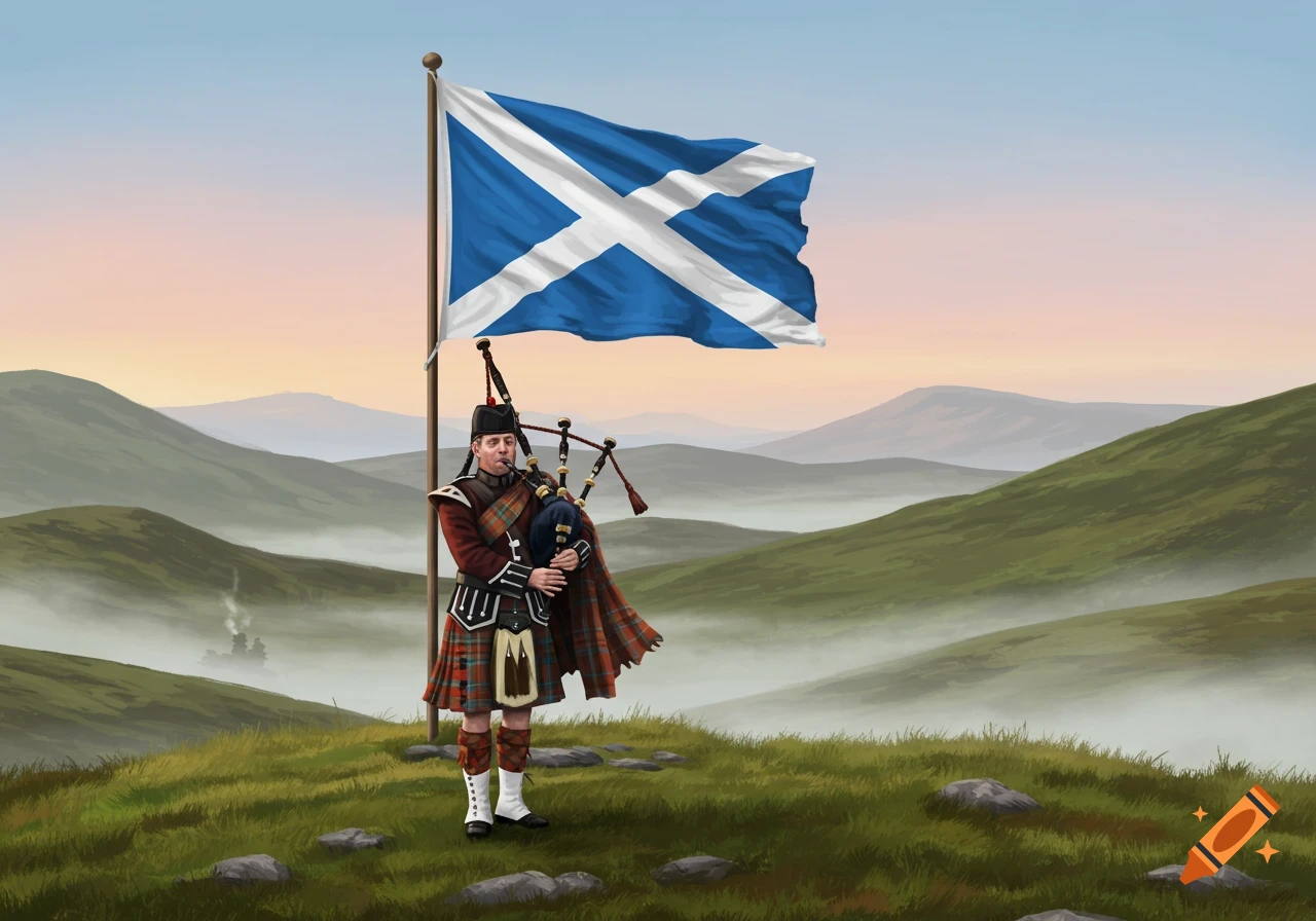 A bagpiper in traditional Scottish dress stands on a grassy hill with the Scottish flag and misty highlands in the background.