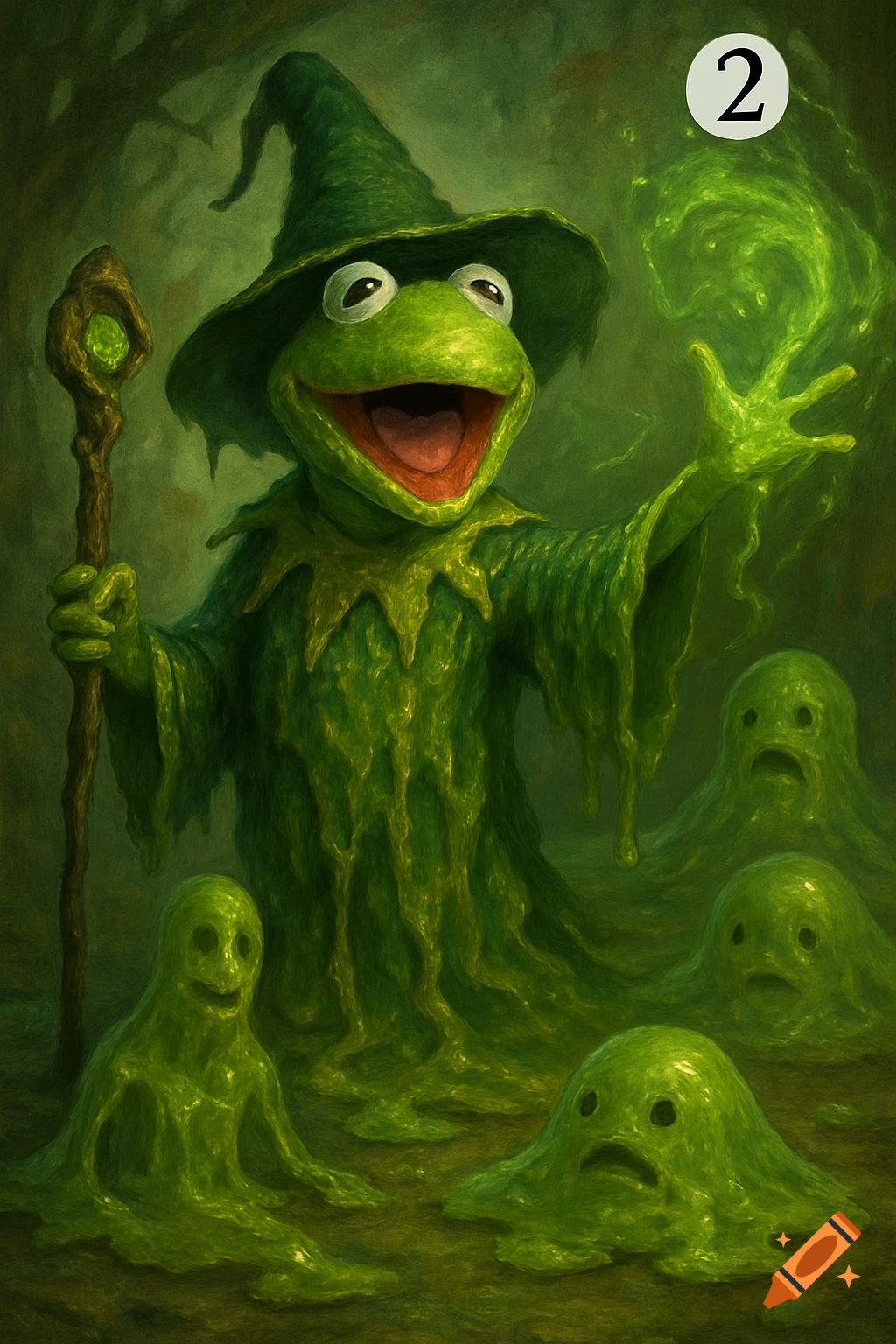 Kermit the Frog as a slime wizard casting green magic, surrounded by sad green slime creatures in a dark forest. A number 2 is in the top right.