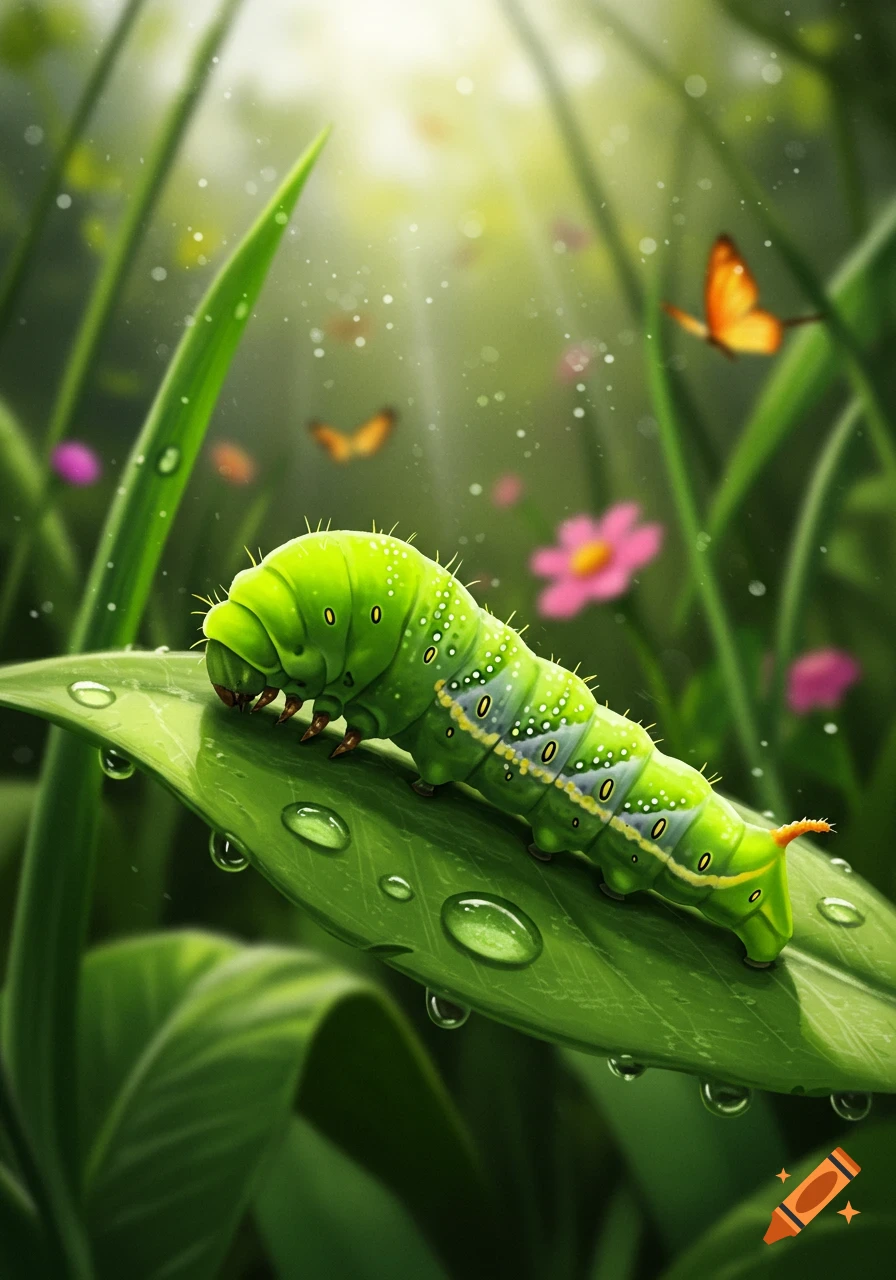 A vibrant green caterpillar with yellow and blue markings on a dew-covered leaf in a sunlit garden with blurred butterflies.