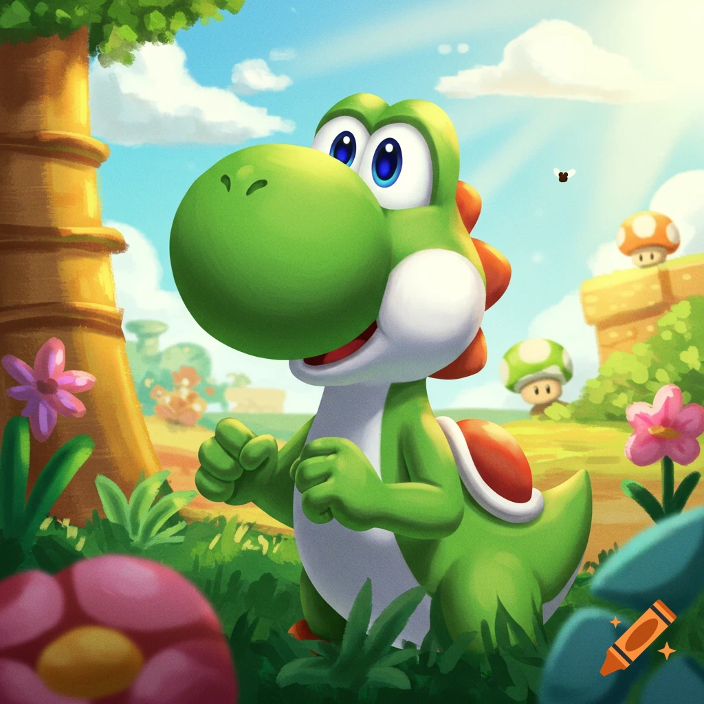 A vibrant illustration of Yoshi, the green dinosaur character from Nintendo, smiling outdoors among trees, mushrooms, and flowers under a sunny sky.