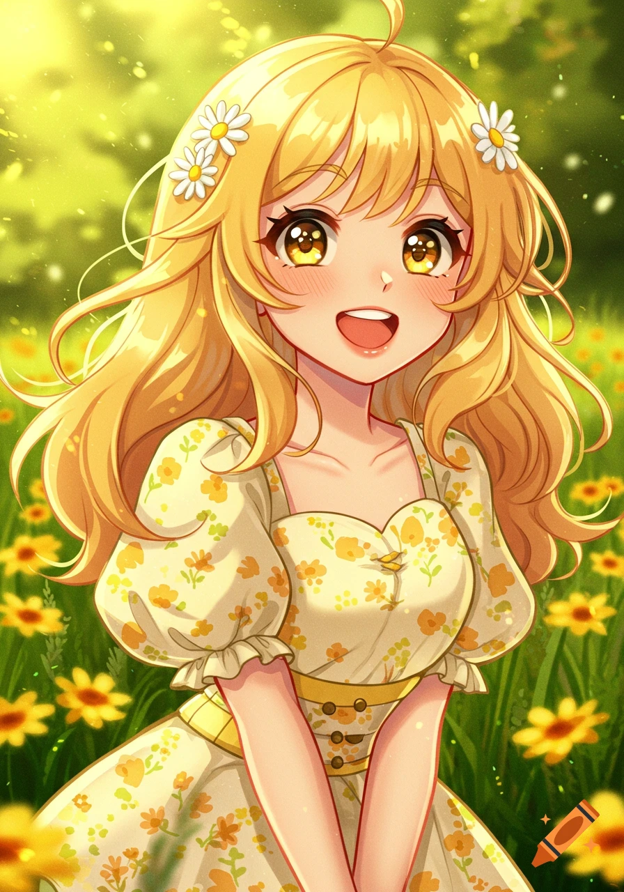 A smiling anime girl with blonde hair and daisies in her hair, wearing a yellow floral dress, stands in a sunny field of yellow flowers.