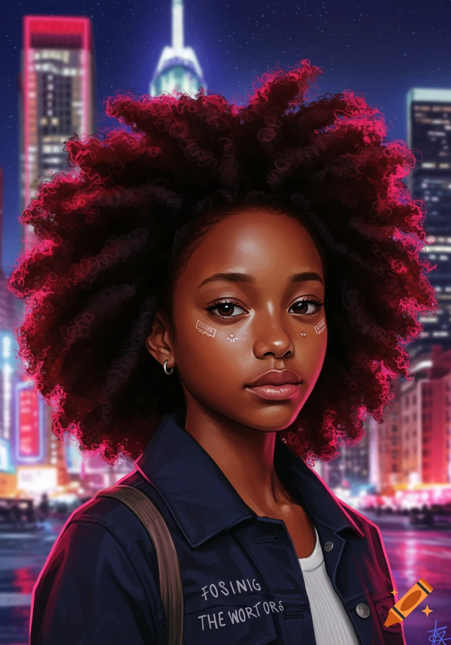A stylized portrait of a young girl with dark skin and voluminous dark red hair, wearing a dark jacket, standing against a blurred cityscape at night.