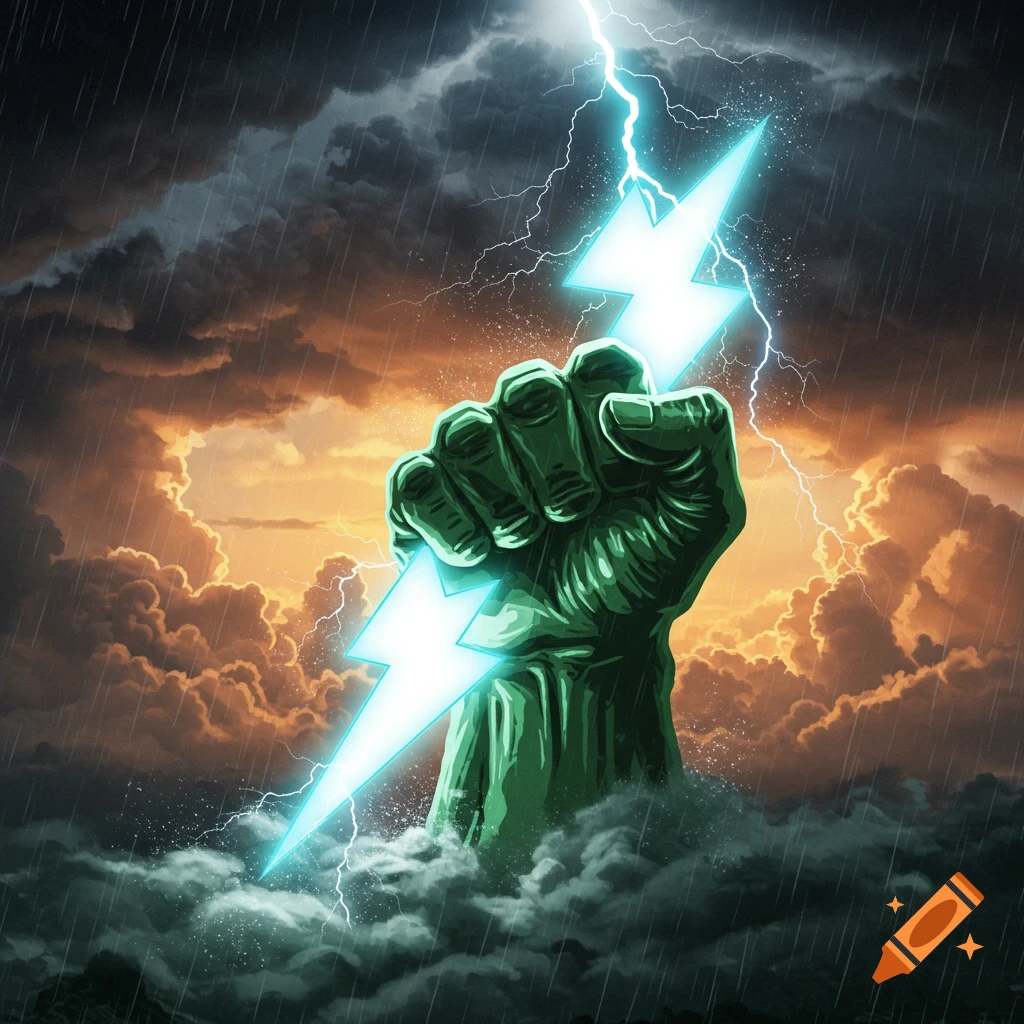 A powerful green fist rises from stormy clouds, clutching a bright lightning bolt against a dramatic sky.