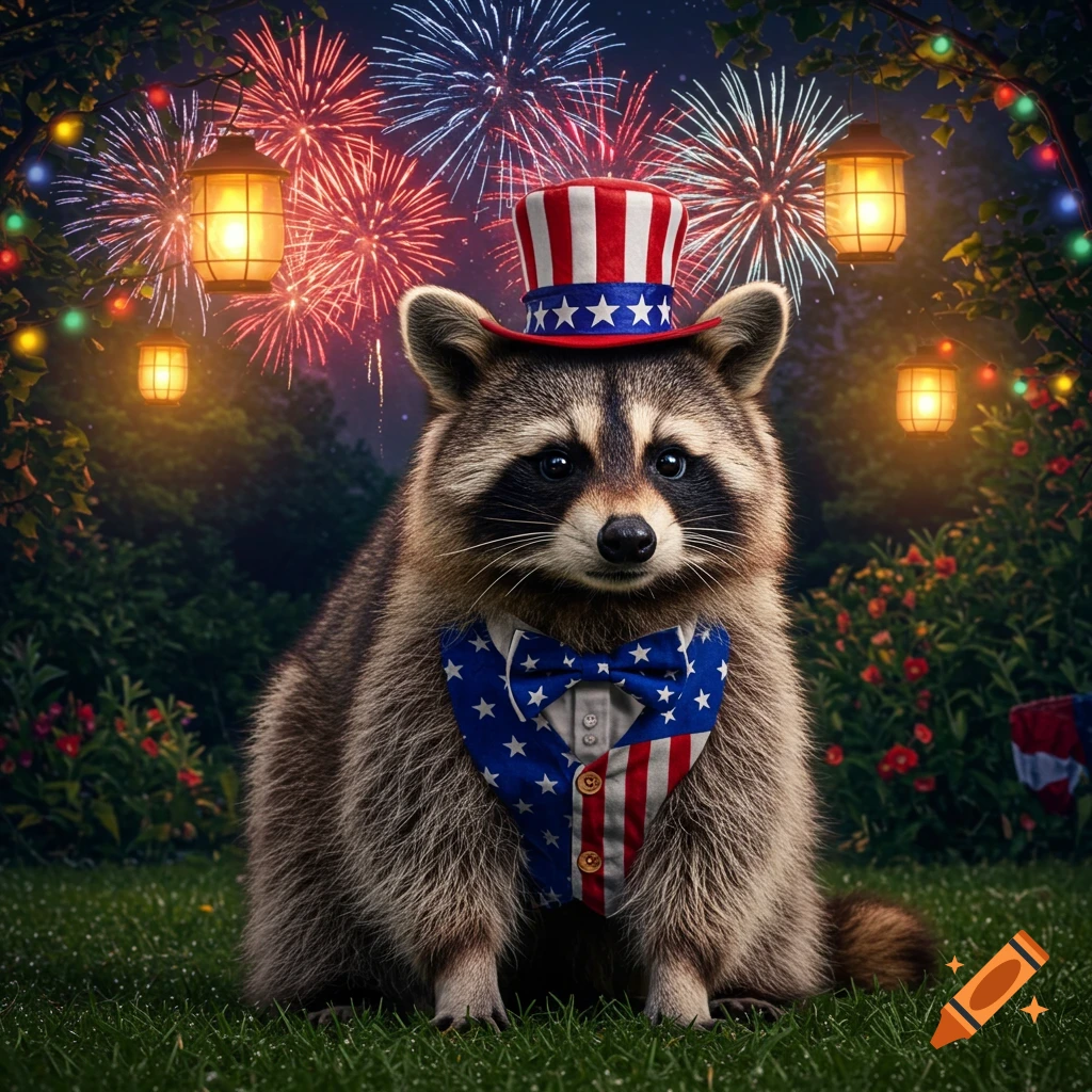 A realistic raccoon wearing a patriotic Uncle Sam hat and a red, white, and blue vest sits on grass with fireworks exploding in the night sky.