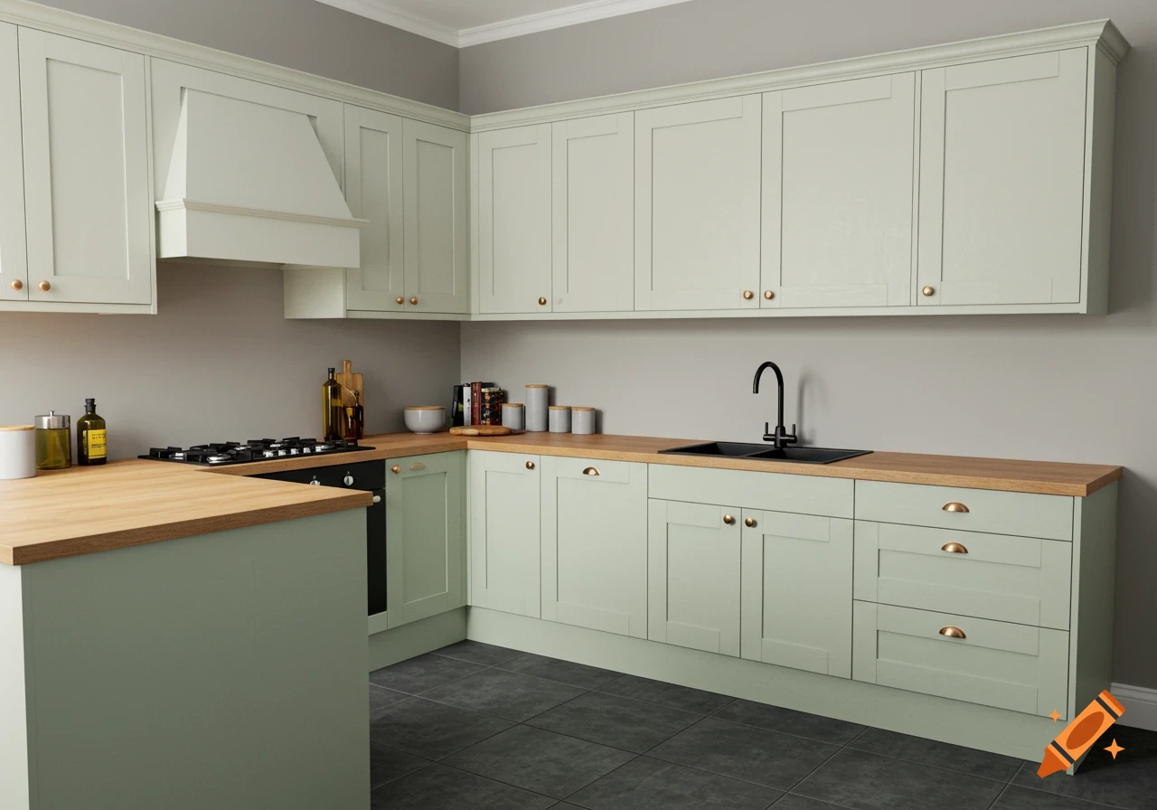 A modern kitchen with light green lower cabinets, light gray upper cabinets, wooden countertops, a black sink, and a dark gray tile floor.