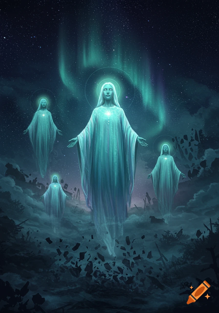 Ethereal figures float in a cosmic night sky with green aurora and floating debris.