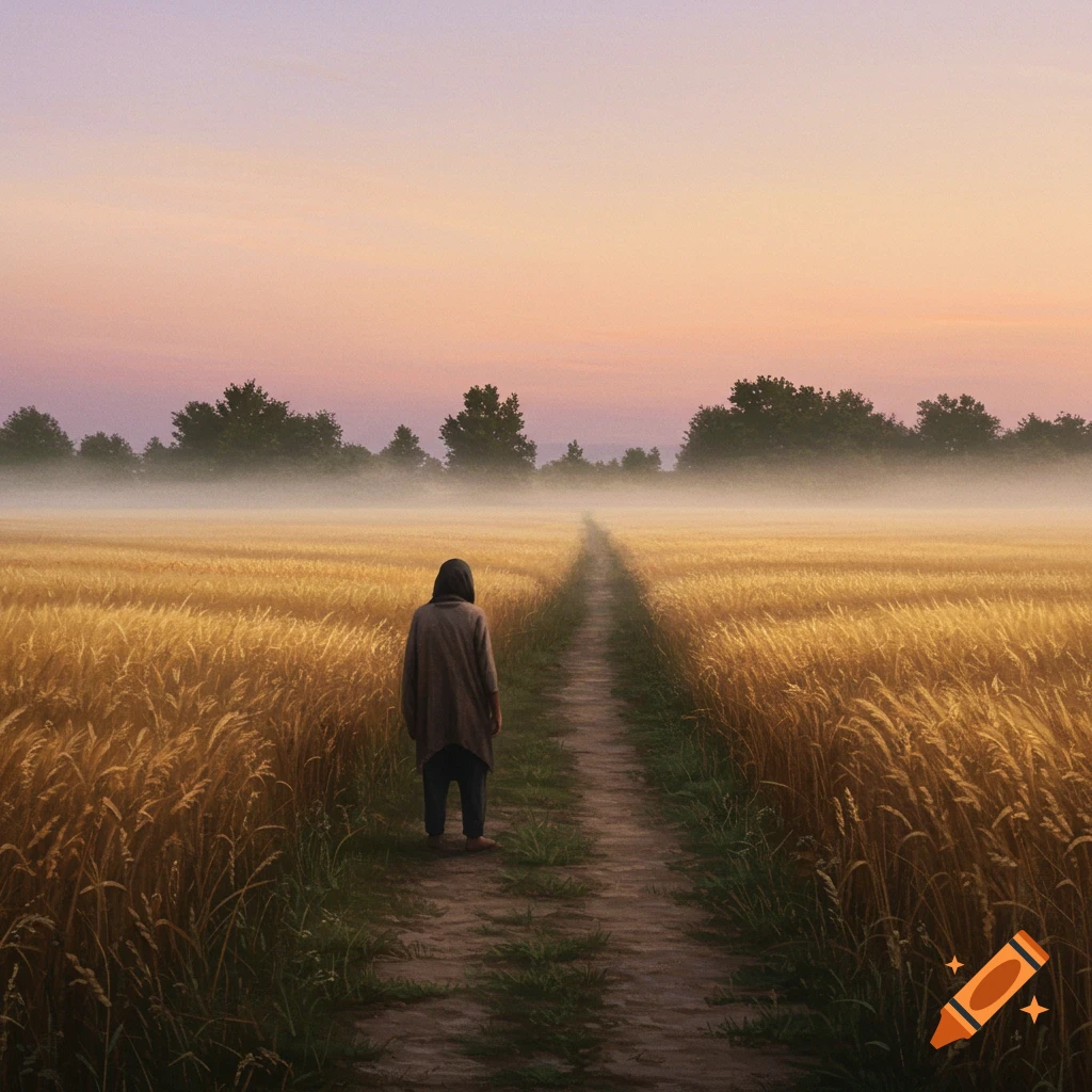A lone figure walks down a dirt path through a golden wheat field shrouded in mist, under a colorful sunset sky.