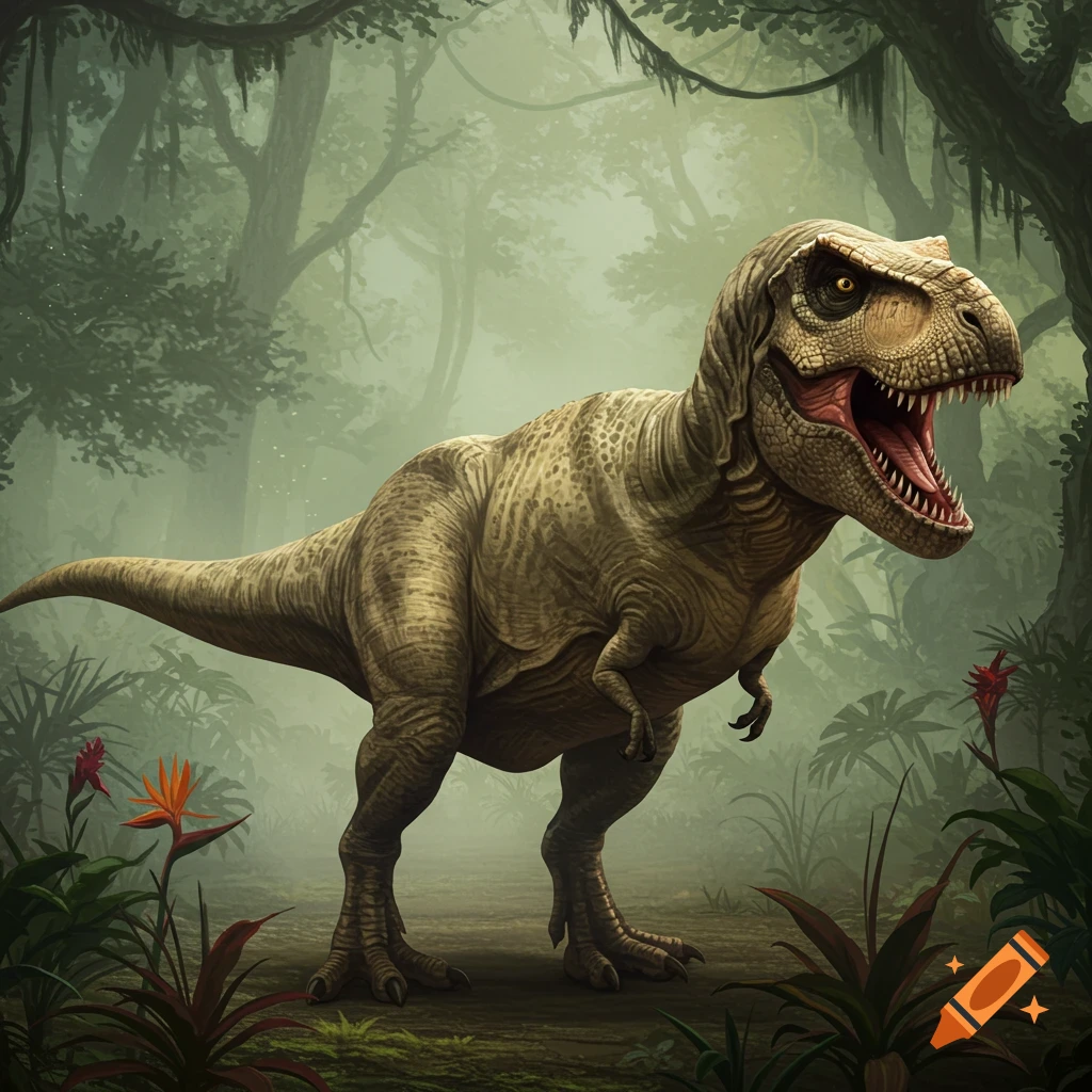 A realistic Tyrannosaurus Rex stands in a misty, lush green jungle with tropical plants and trees.
