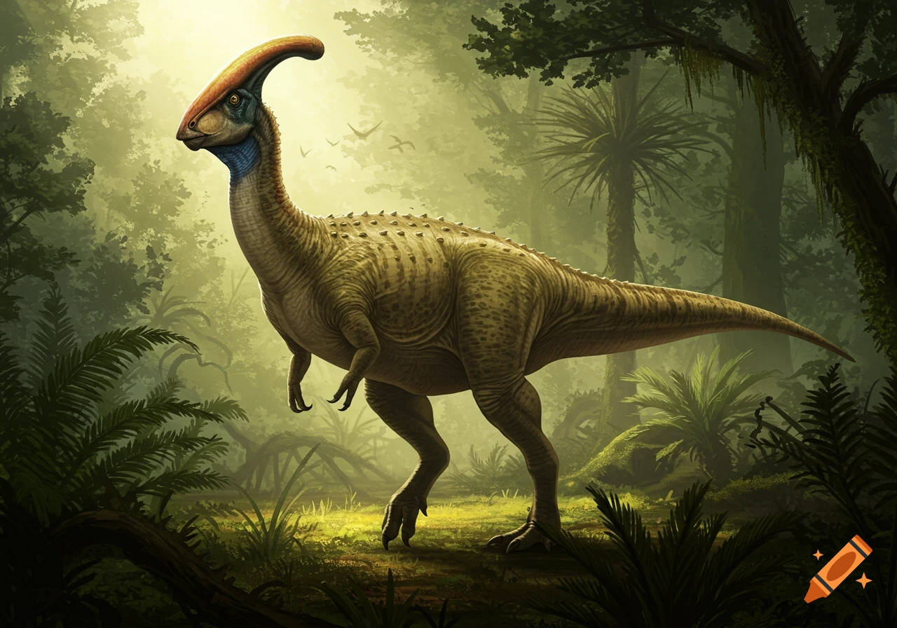 Photorealistic illustration of a dinosaur resembling a Parasaurolophus in a misty, sunlit jungle.