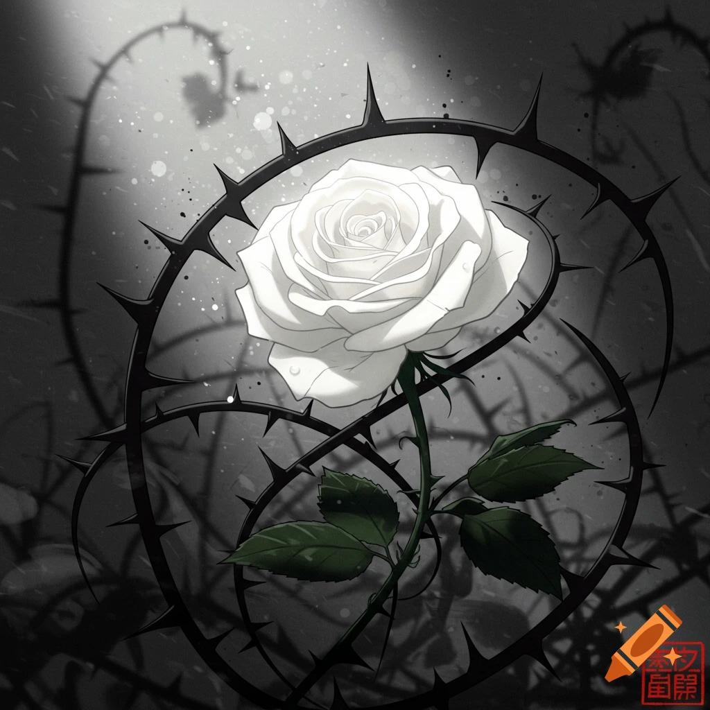 A white rose with green leaves surrounded by black thorns in a Japanese anime art style.