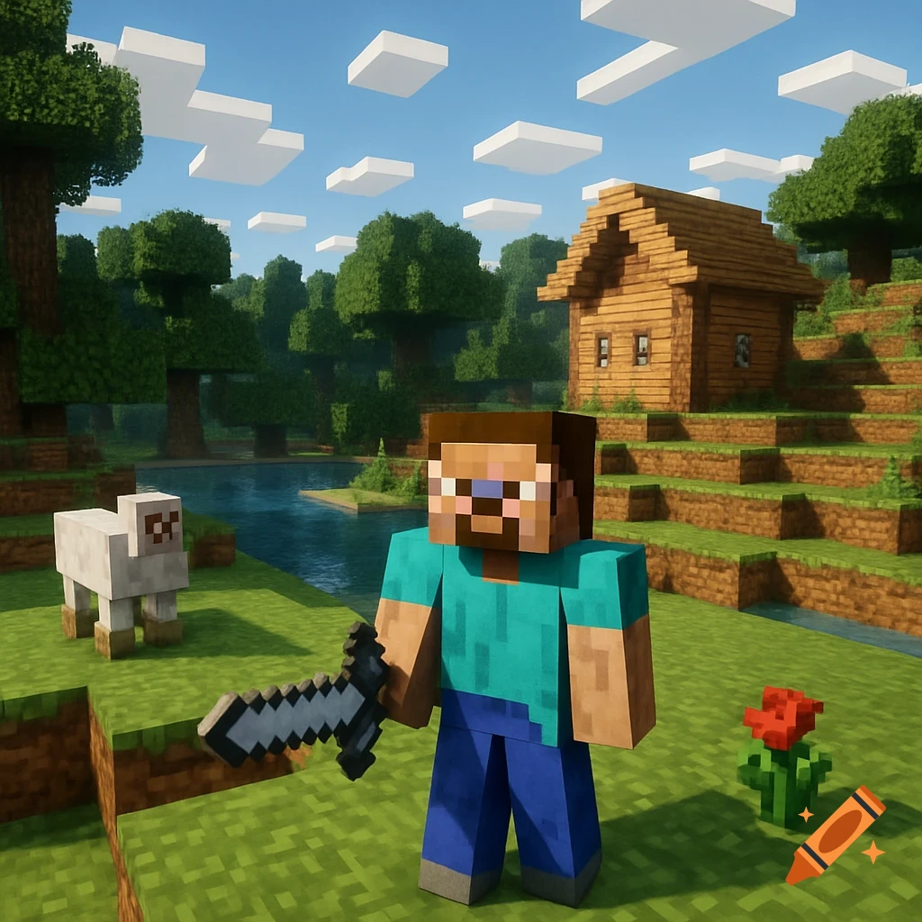 A blocky Minecraft scene with Steve holding a sword, a sheep, a wooden house, a river, and trees under a blue sky.