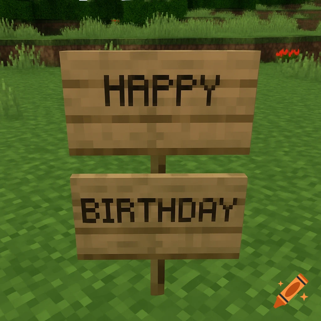 Two wooden Minecraft signs in a grassy field, reading 'HAPPY' on the top and 'BIRTHDAY' on the bottom.