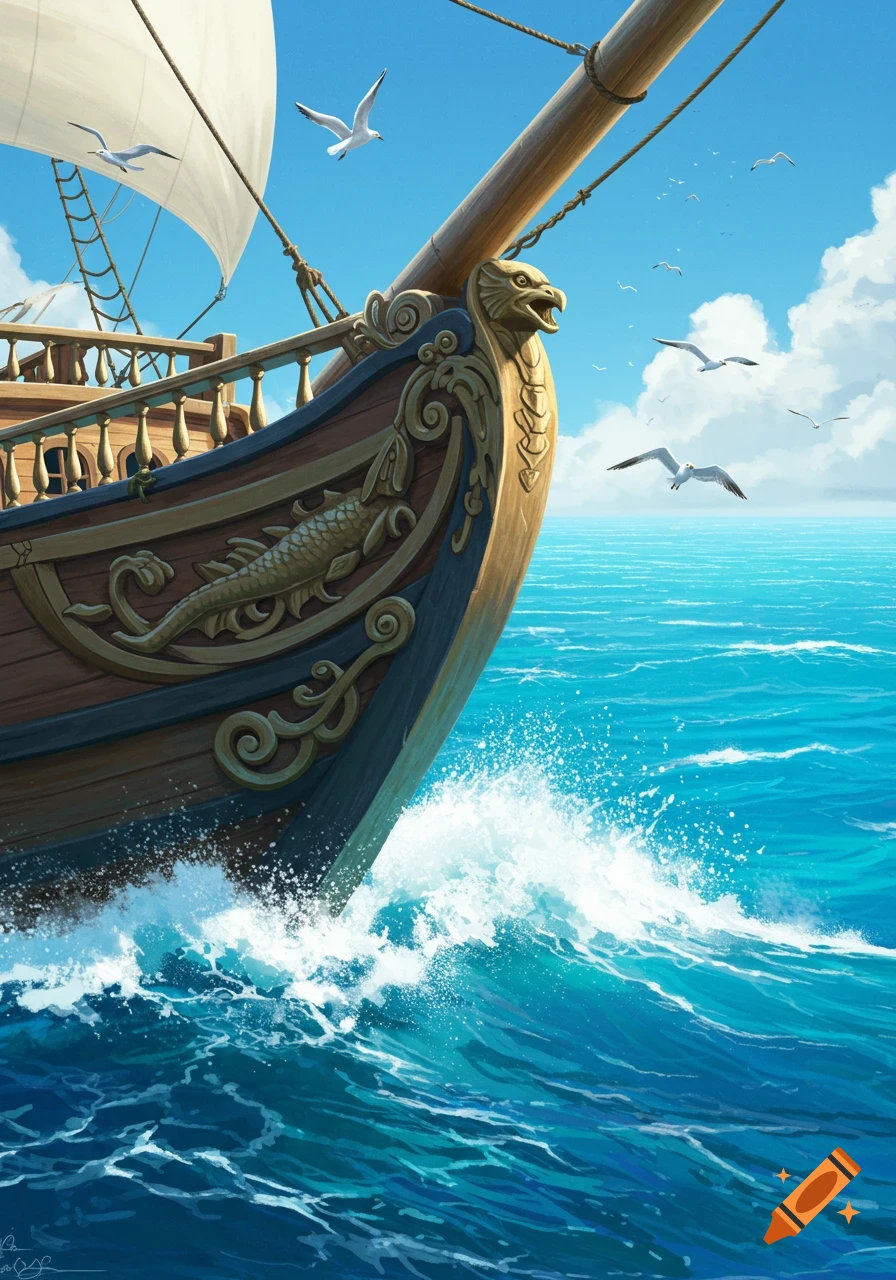Illustration of a ship's bow cutting through blue ocean waves with seagulls flying overhead.