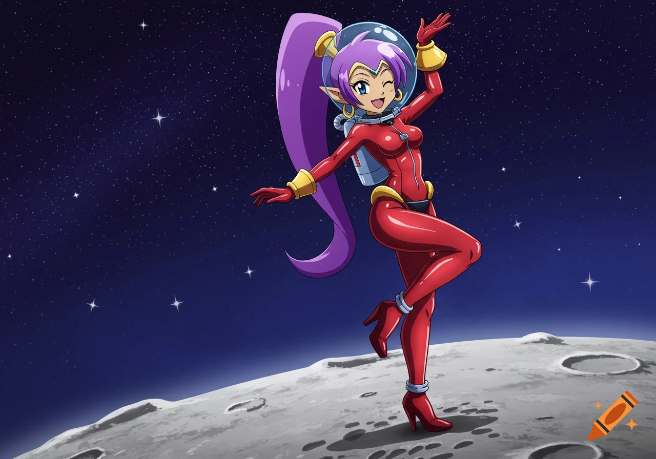 Anime-style Shantae in a red glossy latex spacesuit with a bubble helmet and high-heeled boots winking and posing on the moon with a starry background.