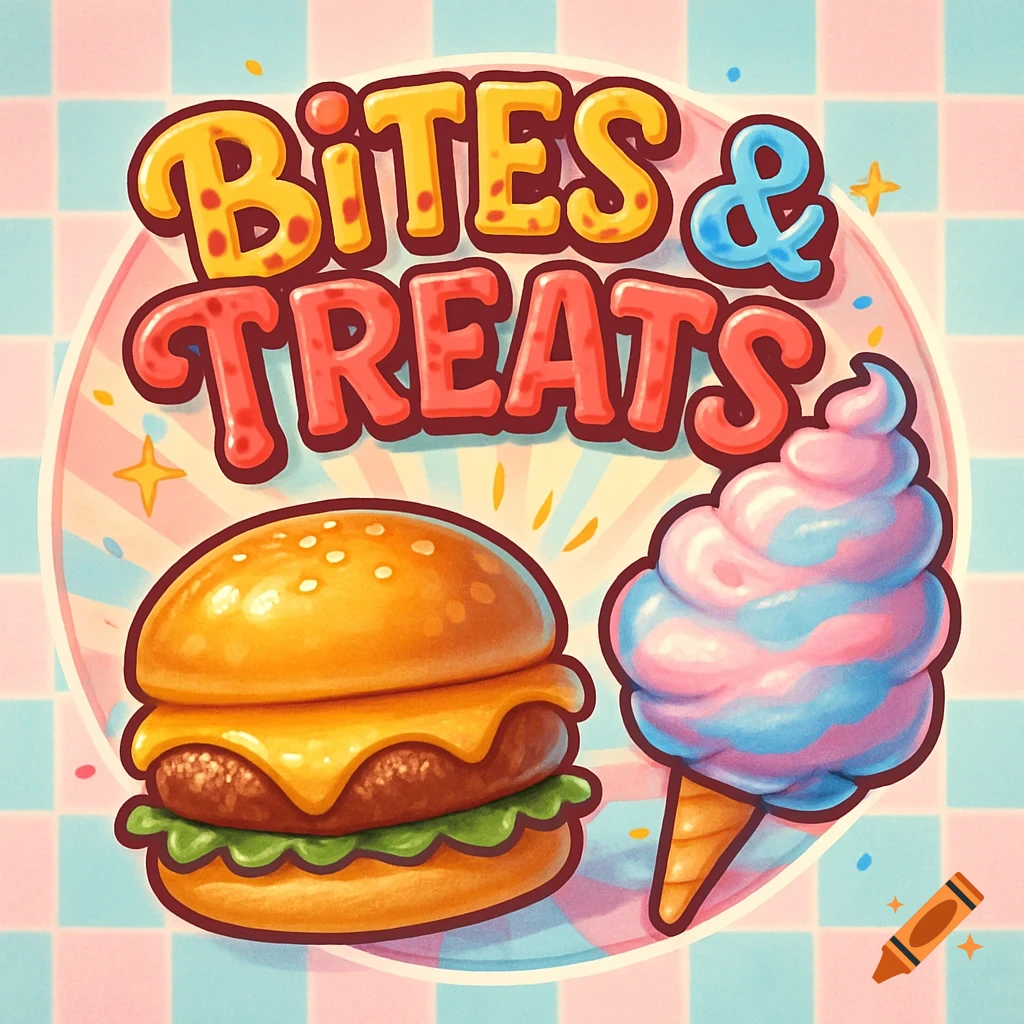 Cartoon logo for 'Bites & Treats' featuring a cheeseburger and pink and blue cotton candy on a checkered background.