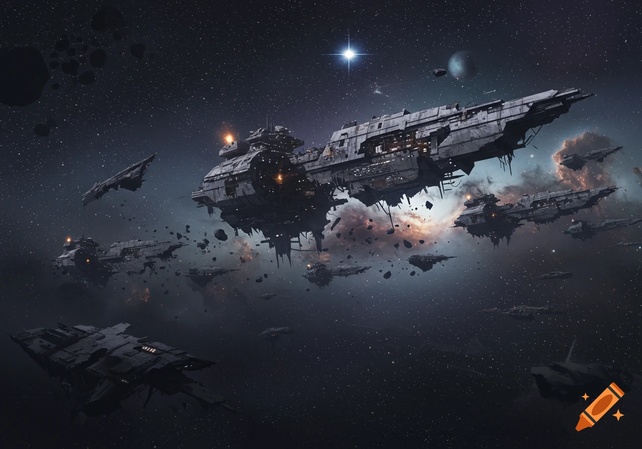 A fleet of heavily damaged spaceships drifts among asteroids and cosmic clouds in a star-filled galaxy.