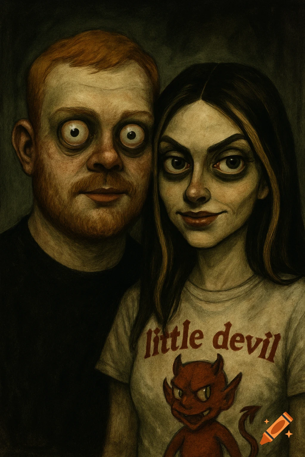 A creepy, grotesque illustration of a couple. The man has wide eyes, and the woman wears a 'little devil' shirt.