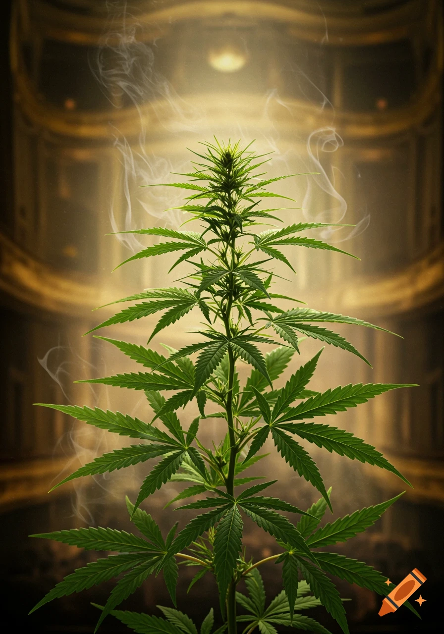 Photorealistic image of a vibrant green cannabis plant with smoke against a warm, glowing background.