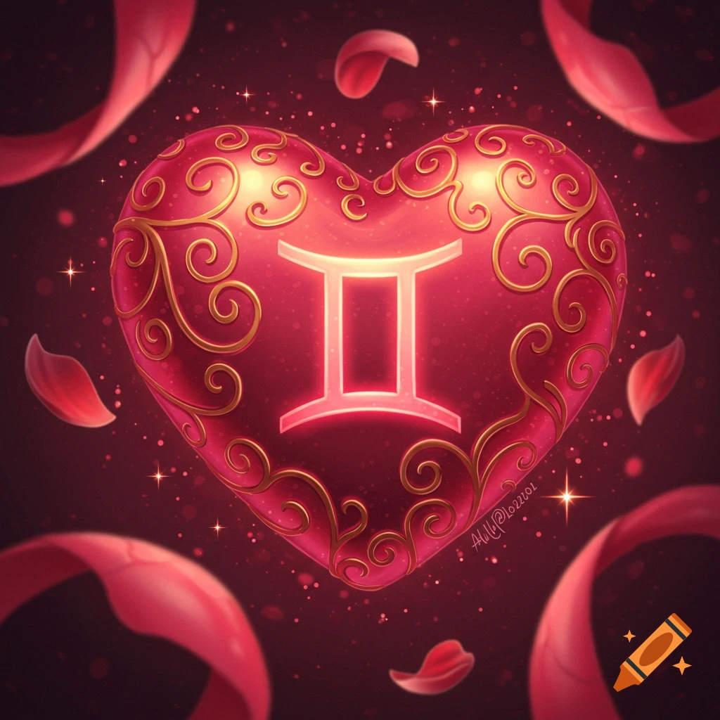 A glowing red heart with gold filigree and a white Gemini symbol, surrounded by floating rose petals and ribbons.