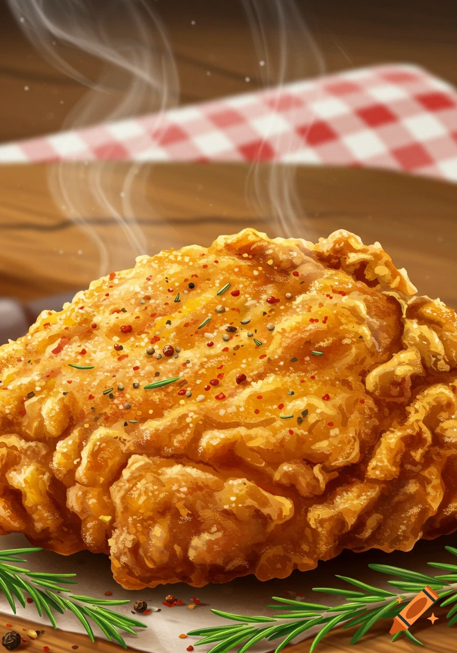 Close-up of a steaming, golden-brown fried chicken piece with herbs and spices on a white paper on a wooden table.