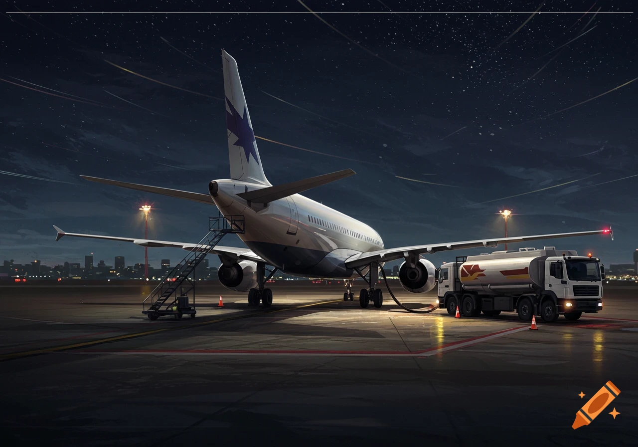 A white passenger aircraft being refueled by a truck on an airport tarmac at night, with a distant city skyline under a starry sky.