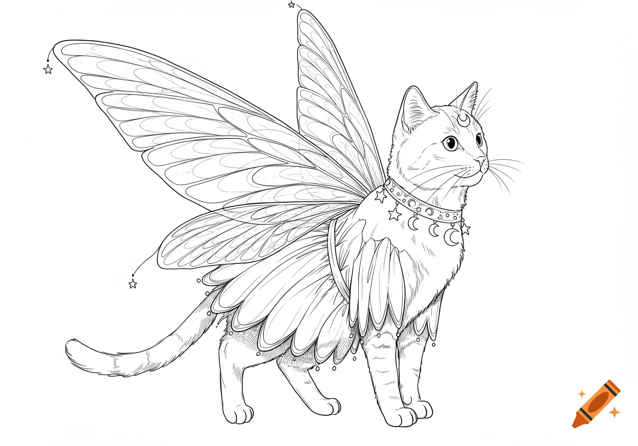 Line art drawing of a cat wearing large fairy wings and a decorative collar with stars and moons.