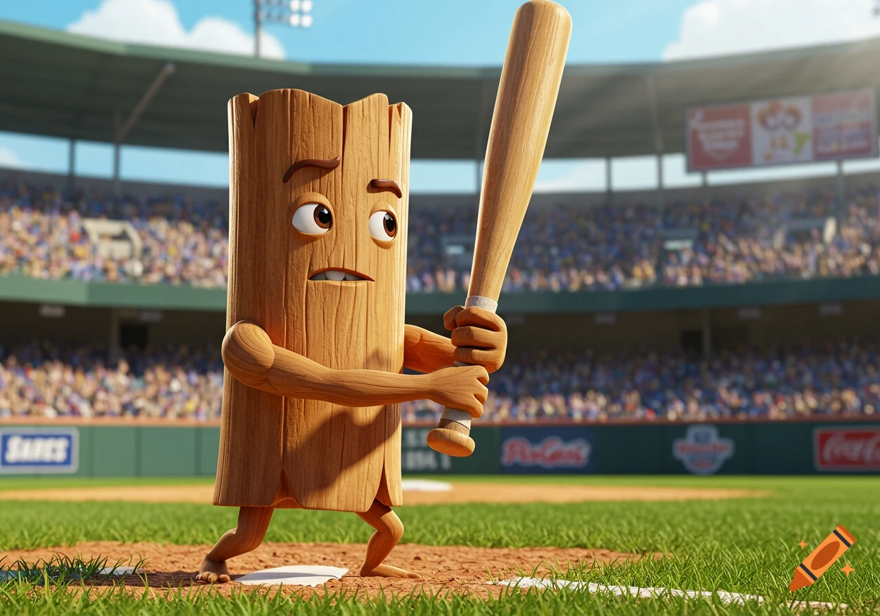 A stylized wooden character with a surprised expression stands at home plate, holding a baseball bat in a sunny stadium filled with cheering fans.