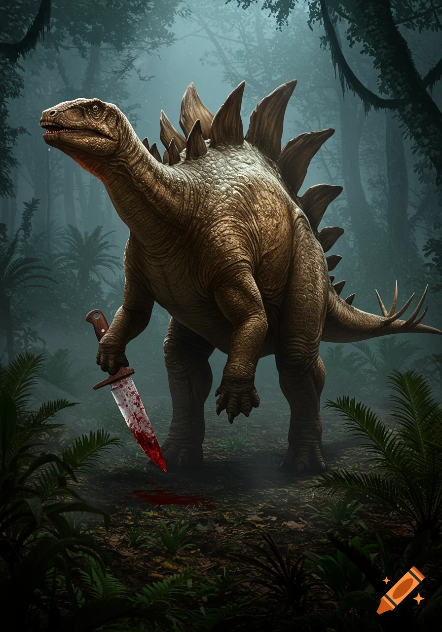A photorealistic Stegosaurus stands upright in a dark, misty jungle, holding a bloody knife with a pool of blood on the ground.