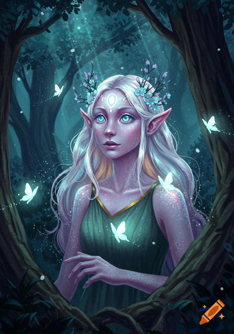 Ethereal elf woman with white hair and blue eyes, adorned with flowers, stands in a mystical forest with glowing butterflies, digital art.