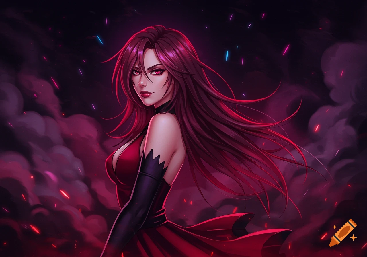 A woman with long red hair, glowing red eyes, in a red dress against a smoky dark background with glowing particles, in an anime style.