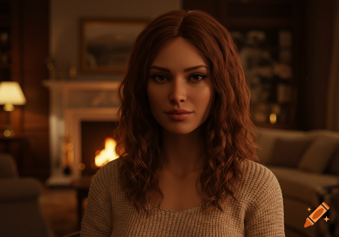 Photorealistic portrait of a woman with wavy red hair, facing forward in a dimly lit room with a fireplace.