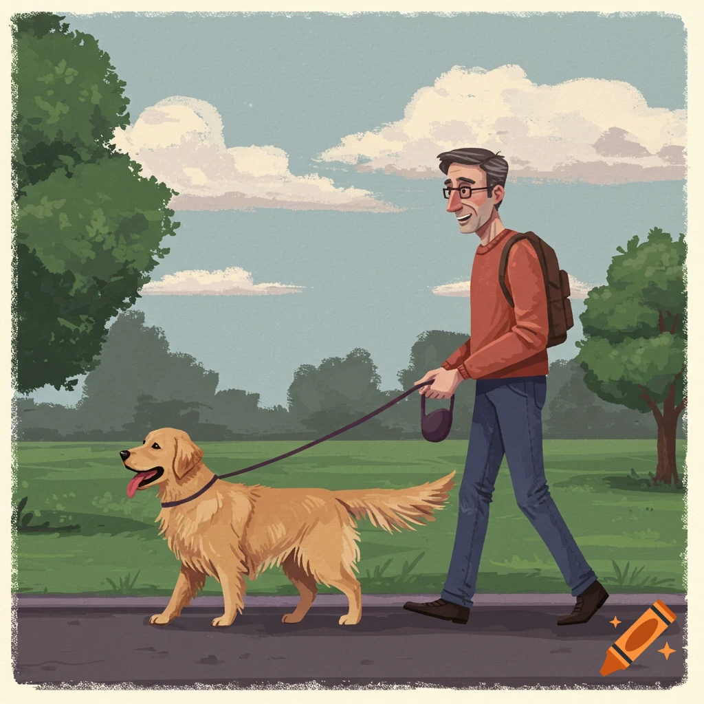 An illustration of a man with glasses and a backpack walking a golden retriever on a leash through a park.