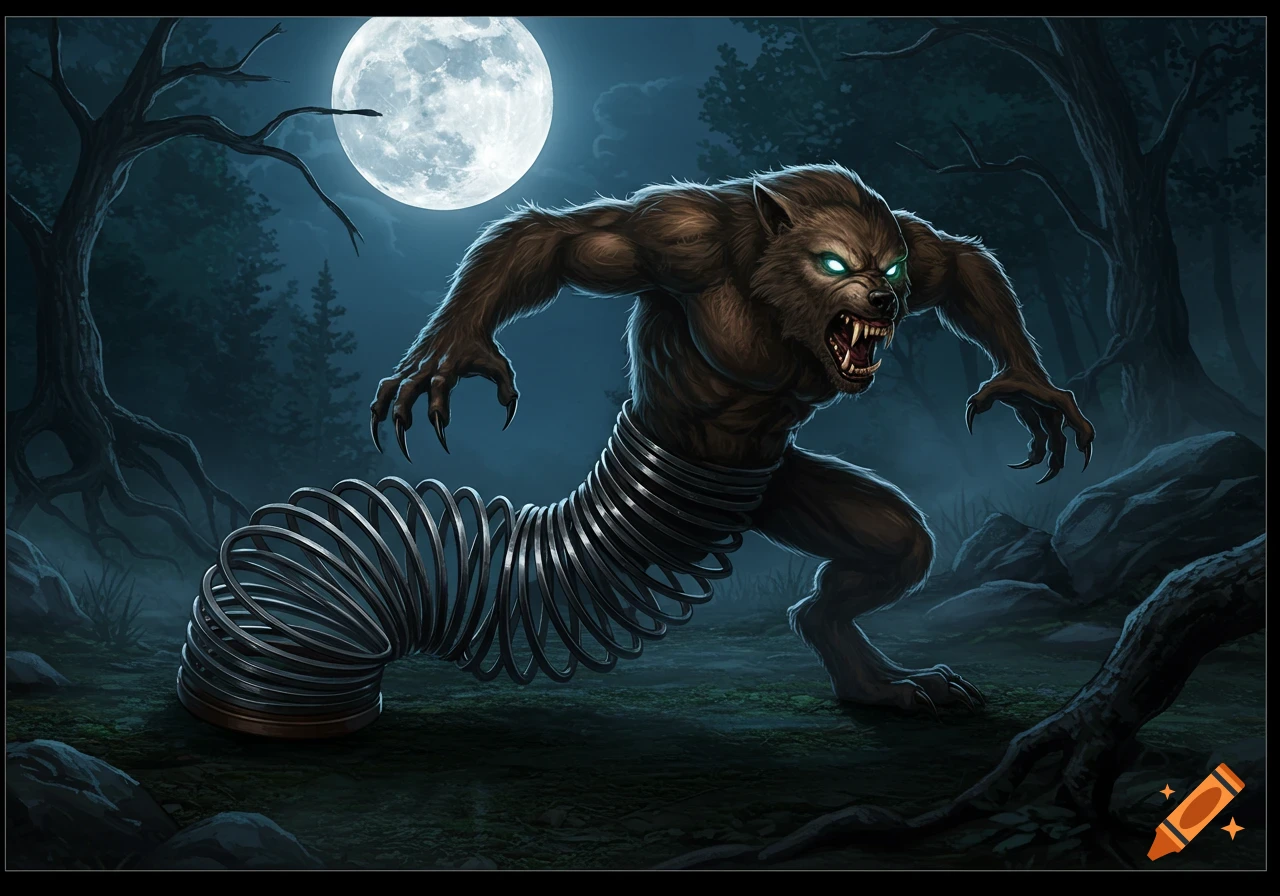 A snarling werewolf with a coiled metal slinky for its body crouches in a dark, moonlit forest.