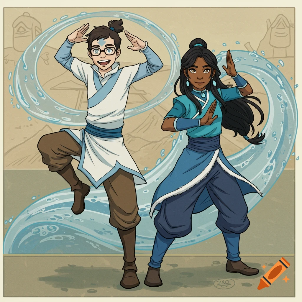 Two characters in Avatar style: a male airbender with glasses and a female waterbender, both in dynamic bending poses.