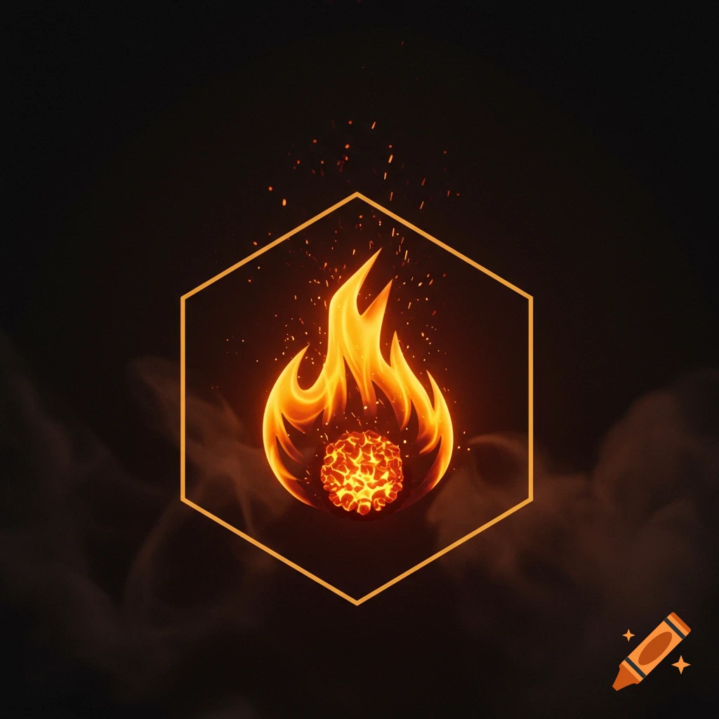 A stylized orange and yellow flame with sparks, forming an ember within a glowing hexagonal outline on a dark background.