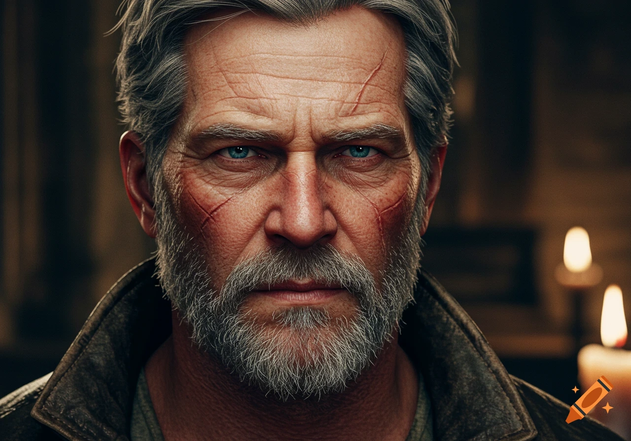 Close-up, realistic portrait of an older man with gray hair, a beard, blue eyes, and prominent facial scars looking intently.