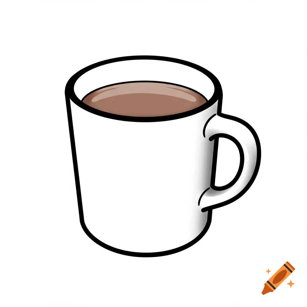 A cartoon-style white mug filled with hot cocoa, outlined with bold black lines, on a clean white background.