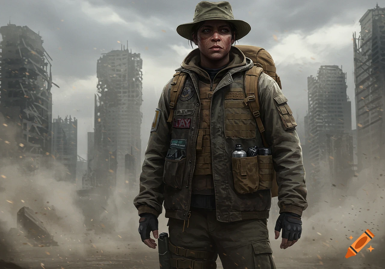 A person in tactical gear stands in a ruined city under a cloudy sky, looking determined.