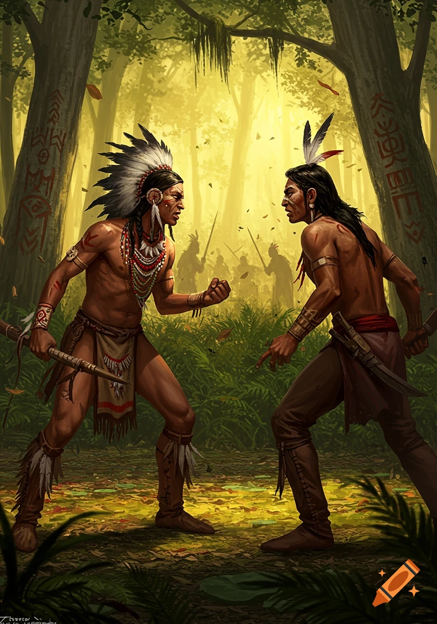 Two Indigenous men in traditional attire confront each other in a stylized forest.