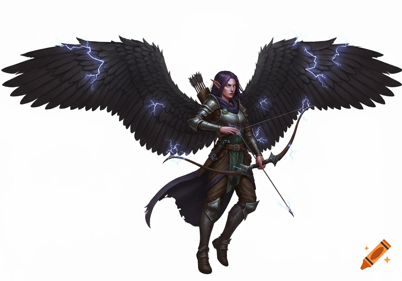 A female fantasy warrior with large black feathered wings crackling with blue electricity, wearing armor and holding a bow and arrow, on a white background.