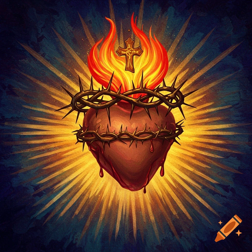 A painterly depiction of the Sacred Heart with a crown of thorns, flames, a cross, and golden rays.