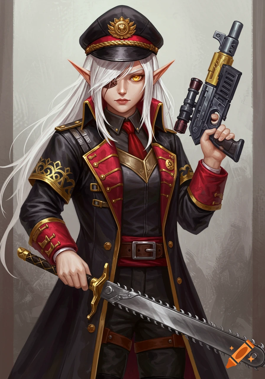 A painting of an elven girl with long white hair, golden eyes, wearing a black, red, and gold captain's uniform, holding a blaster and a chainsaw sword.