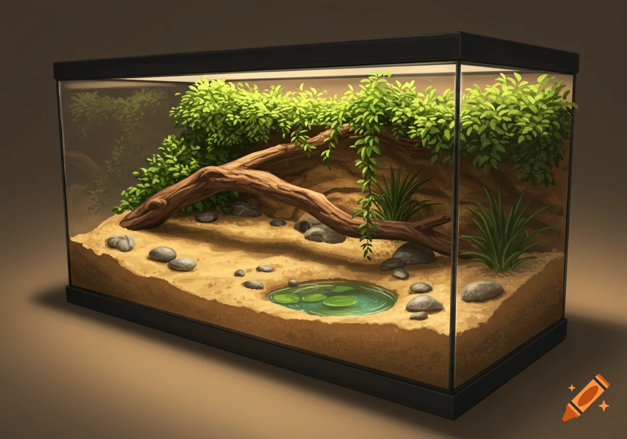 A glass reptile terrarium filled with sand, rocks, green plants, and a small pond.