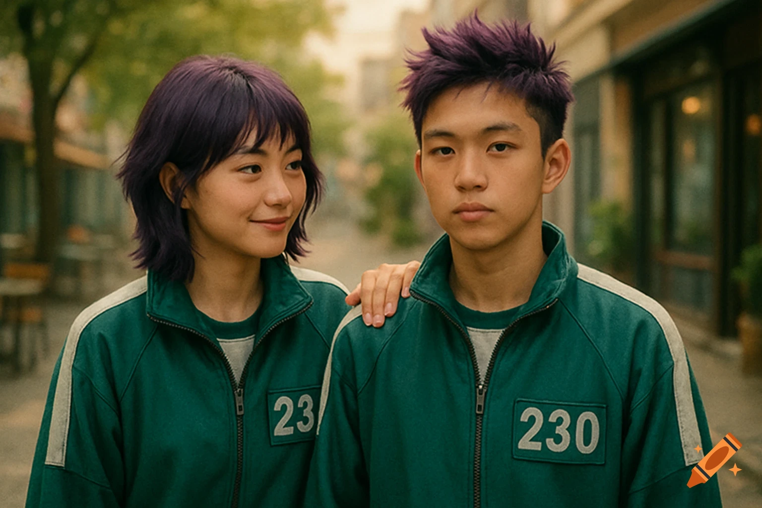 A photorealistic image of a girl and boy in green Squid Game tracksuits on a street. The girl has purple hair and is smiling, with her hand on the boy ’s shoulder. The boy has spiky purple hair and a serious expression.