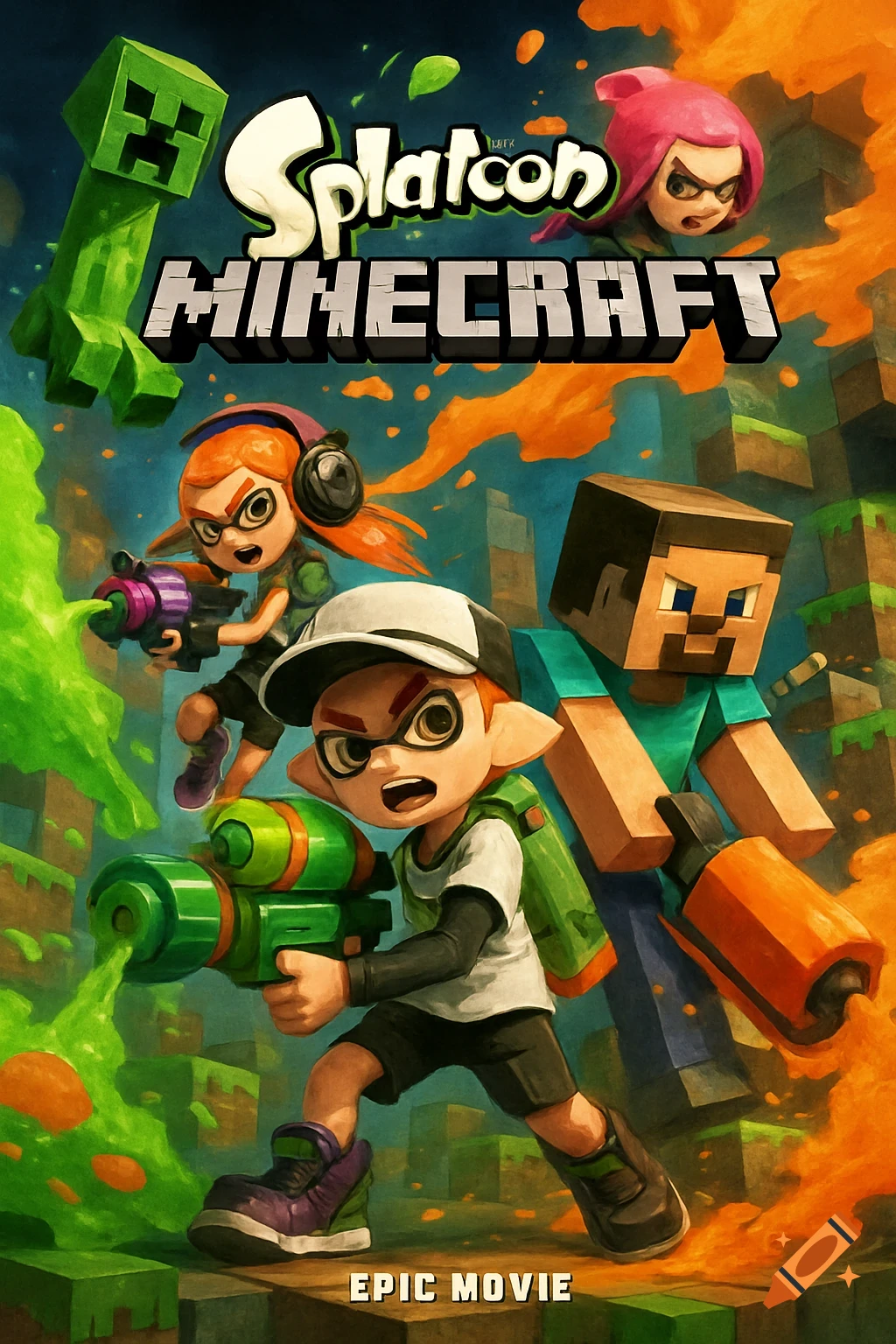 Splatcon Minecraft movie poster with Splatoon Inklings, Steve, and a Creeper amidst green and orange ink splashes.