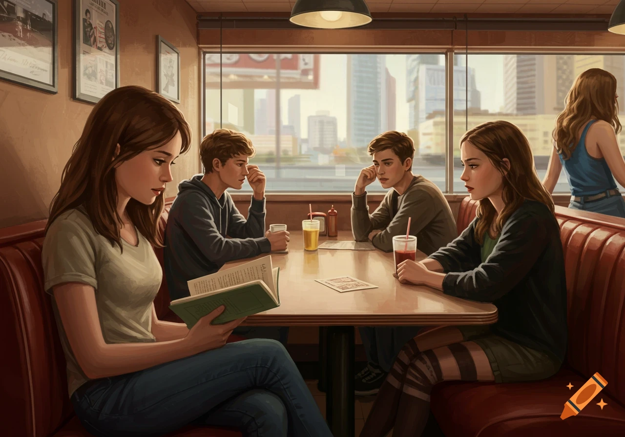 An illustration of five young adults in a diner with a city skyline in the background. One girl reads a book at the table with two boys, another girl, and a fifth person further in the background.
